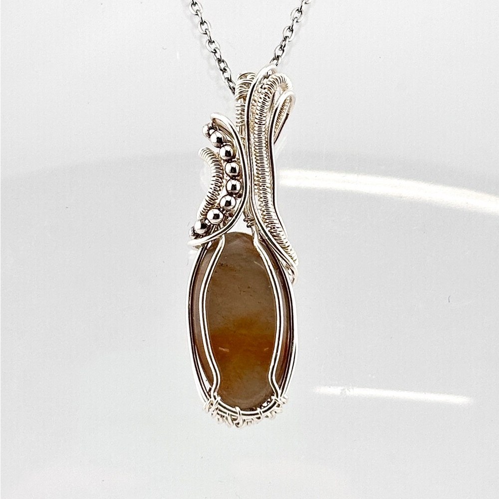 HANDMADE Gray Moonstone Silver Plated Wire Wrapped Pendant Necklace, Artisan